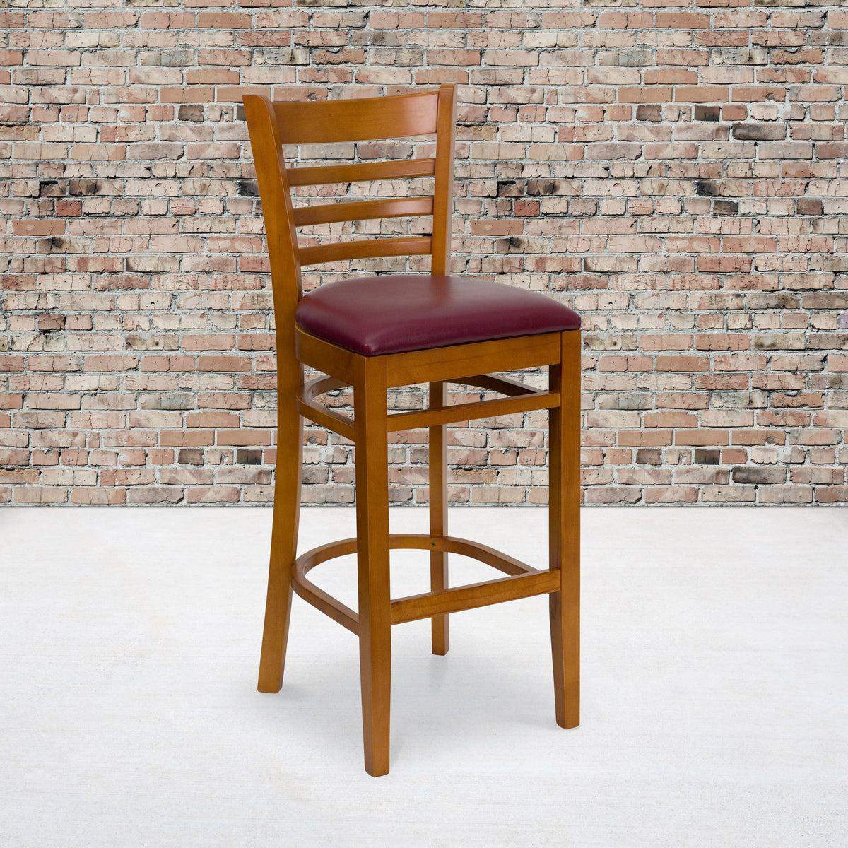 Burgundy Vinyl Seat/Cherry Wood Frame |#| Ladder Back Cherry Wood Restaurant Barstool - Burgundy Vinyl Seat