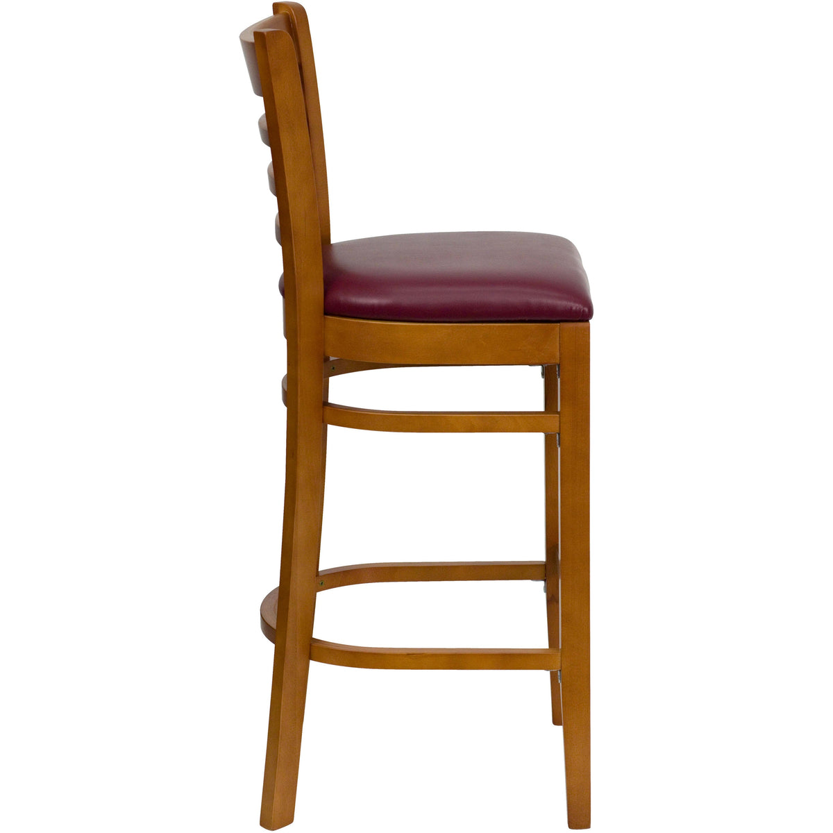 Burgundy Vinyl Seat/Cherry Wood Frame |#| Ladder Back Cherry Wood Restaurant Barstool - Burgundy Vinyl Seat