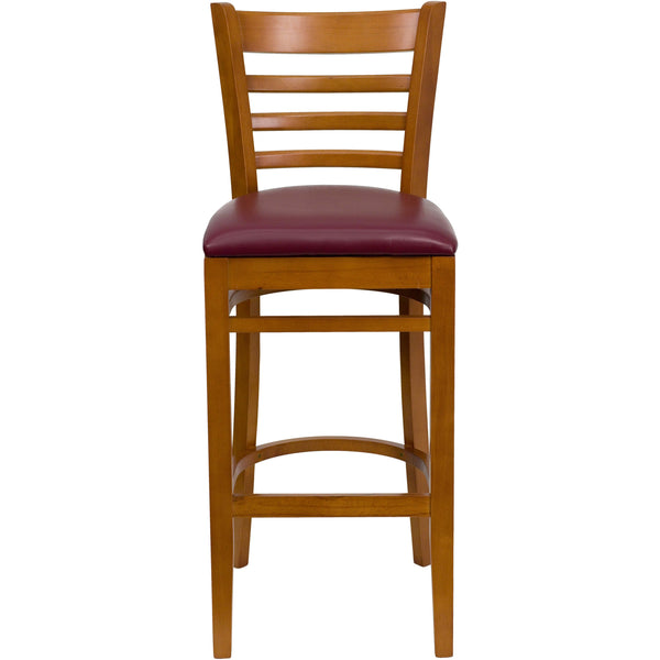 Burgundy Vinyl Seat/Cherry Wood Frame |#| Ladder Back Cherry Wood Restaurant Barstool - Burgundy Vinyl Seat