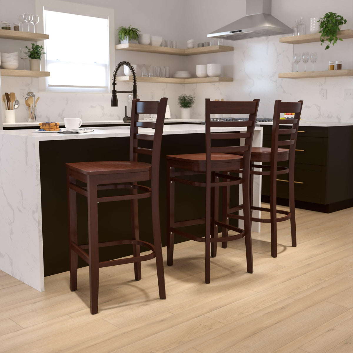 Mahogany Wood Seat/Mahogany Wood Frame |#| Ladder Back Mahogany Wood Restaurant Barstool