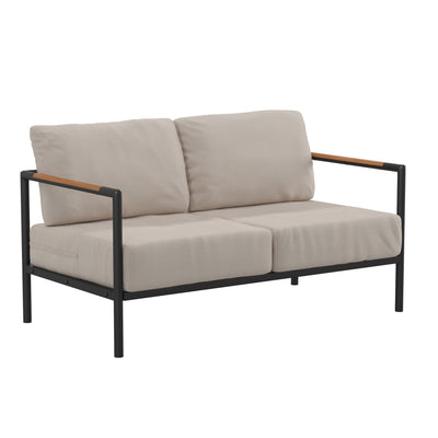 Lea Indoor/Outdoor Patio Loveseat with Cushions - Modern Aluminum Framed Loveseat with Teak Accent Arms - View 1