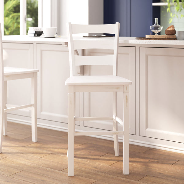 White Wash |#| Commercial Grade Wooden Bar Height Stool in Antique White Wash, Set of 2