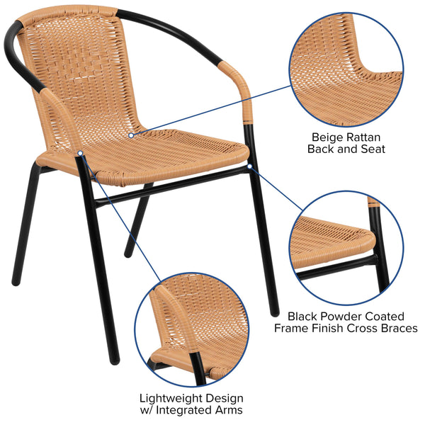 Beige |#| 2 Pack Beige Rattan Indoor-Outdoor Restaurant Stack Chair with Curved Back