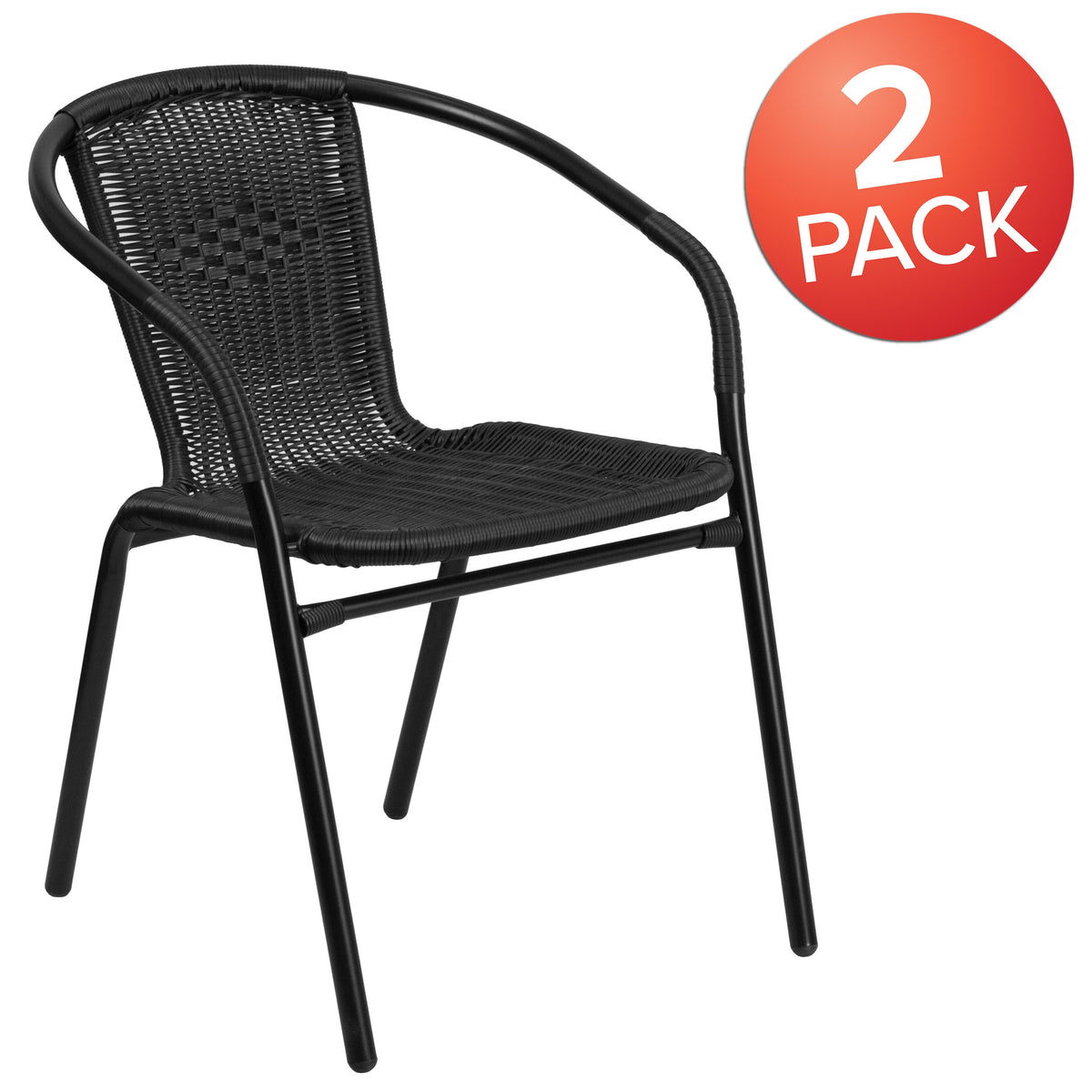 Black |#| 2 Pack Black Rattan Indoor-Outdoor Restaurant Stack Chair with Curved Back