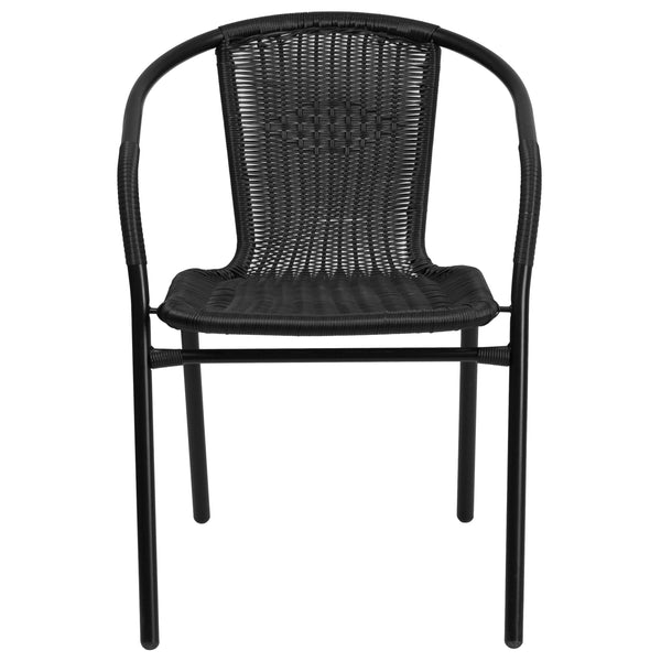 Black |#| 2 Pack Black Rattan Indoor-Outdoor Restaurant Stack Chair with Curved Back