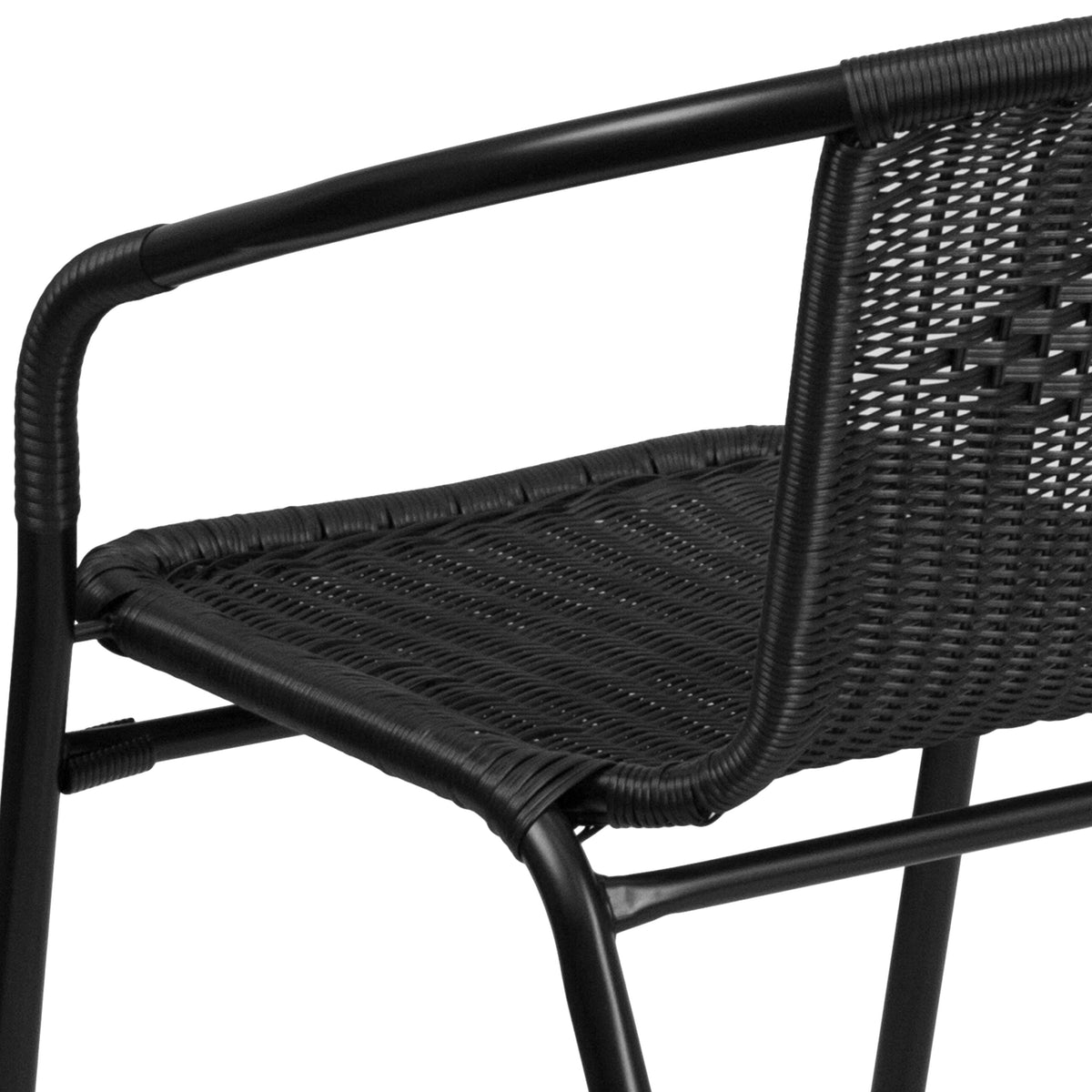 Black |#| 2 Pack Black Rattan Indoor-Outdoor Restaurant Stack Chair with Curved Back