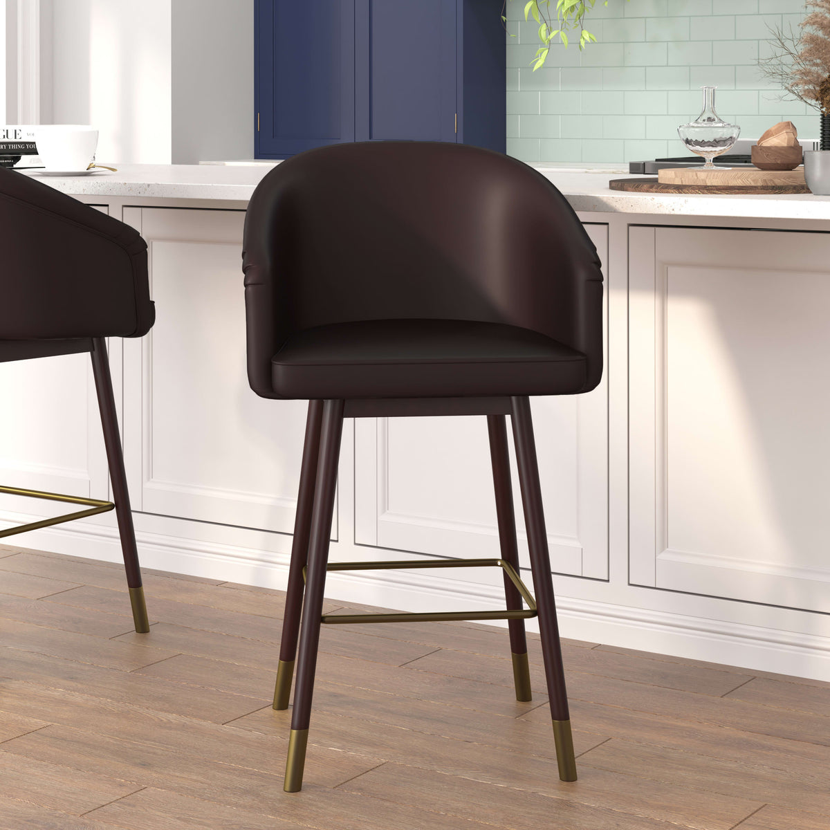 Brown |#| Commercial 26inch Mid-Back Counter Stool with Wood Legs - Brown LeatherSoft/Walnut