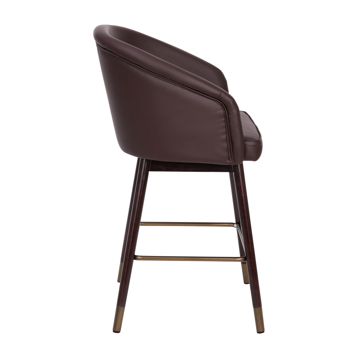 Brown |#| Commercial 26inch Mid-Back Counter Stool with Wood Legs - Brown LeatherSoft/Walnut