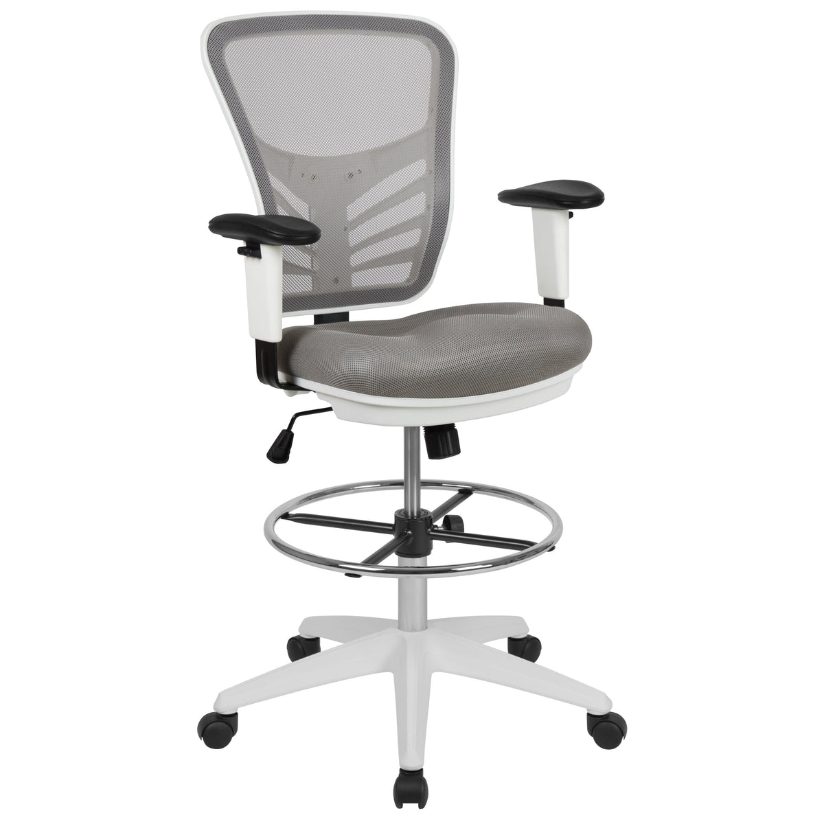 Light Gray Mesh/White Frame |#| Mid-Back Gray Mesh Ergonomic Drafting Chair/White Frame - Adjustable Foot Ring