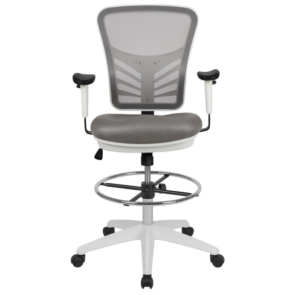 Light Gray Mesh/White Frame |#| Mid-Back Gray Mesh Ergonomic Drafting Chair/White Frame - Adjustable Foot Ring