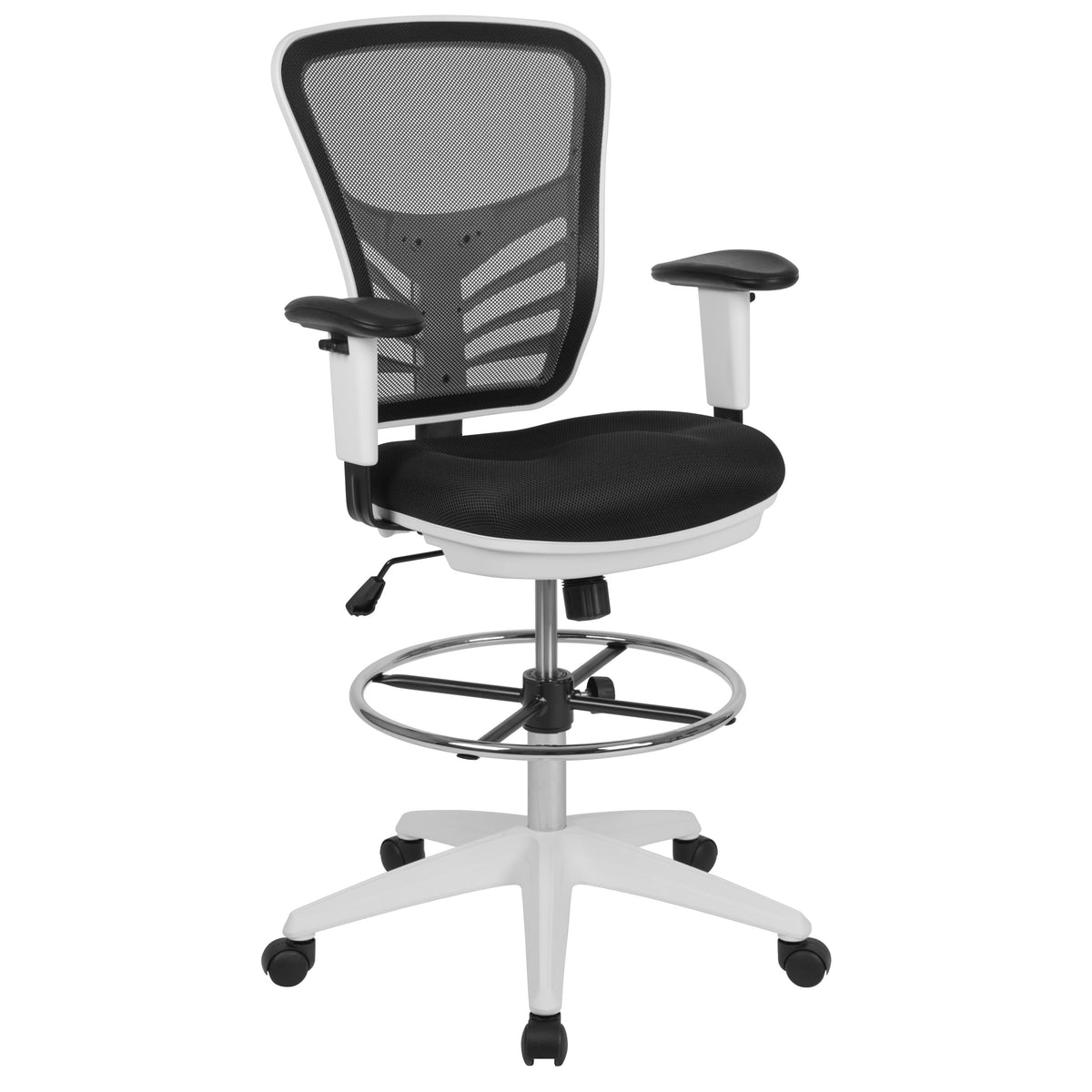 Black Mesh/White Frame |#| Mid-Back Black Mesh Ergonomic Drafting Chair/White Frame - Adjustable Foot Ring