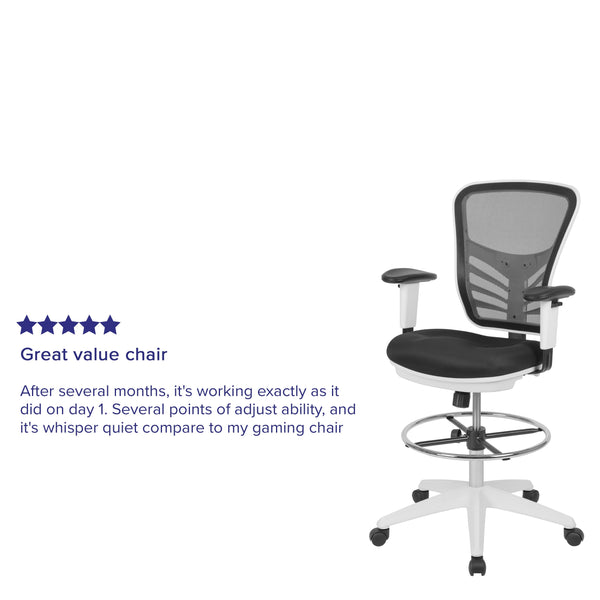 Black Mesh/White Frame |#| Mid-Back Black Mesh Ergonomic Drafting Chair/White Frame - Adjustable Foot Ring