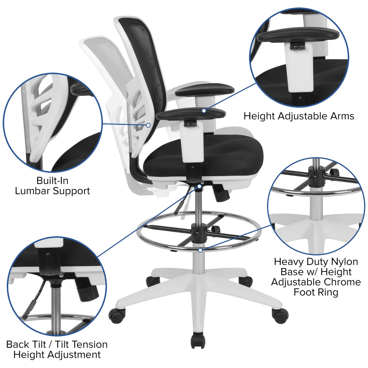 Black Mesh/White Frame |#| Mid-Back Black Mesh Ergonomic Drafting Chair/White Frame - Adjustable Foot Ring