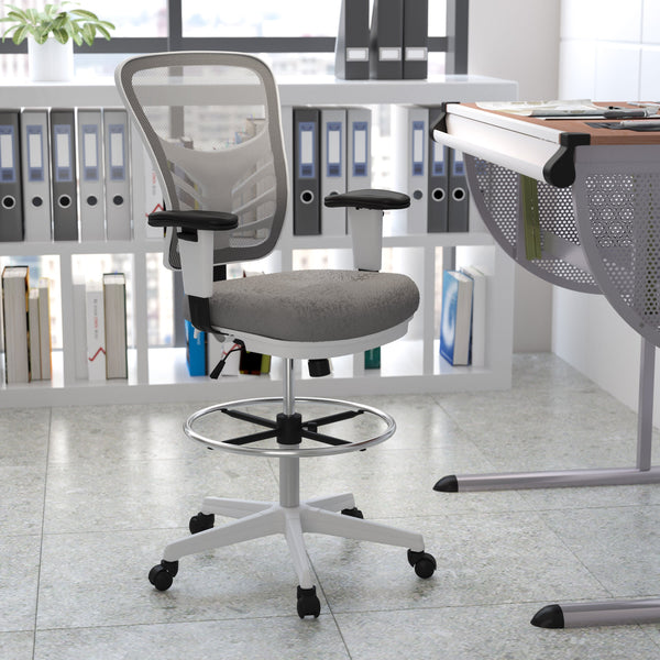 Light Gray Mesh/White Frame |#| Mid-Back Gray Mesh Ergonomic Drafting Chair/White Frame - Adjustable Foot Ring