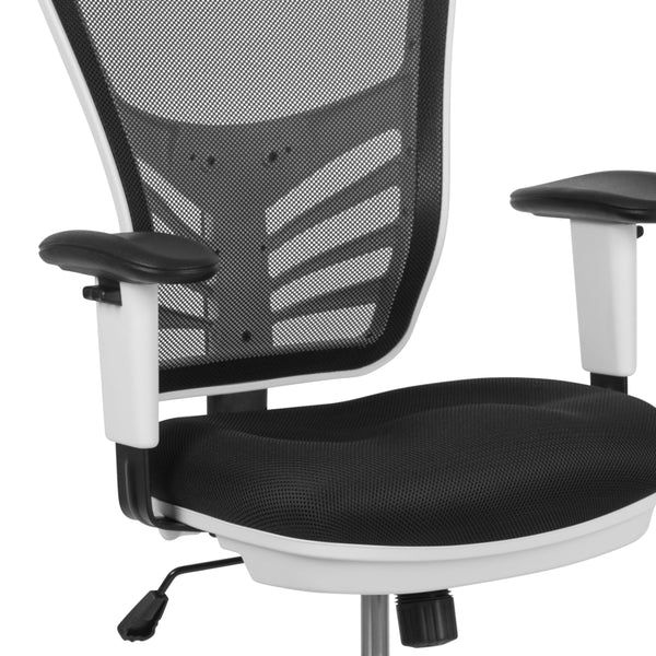 Black Mesh/White Frame |#| Mid-Back Black Mesh Ergonomic Drafting Chair/White Frame - Adjustable Foot Ring