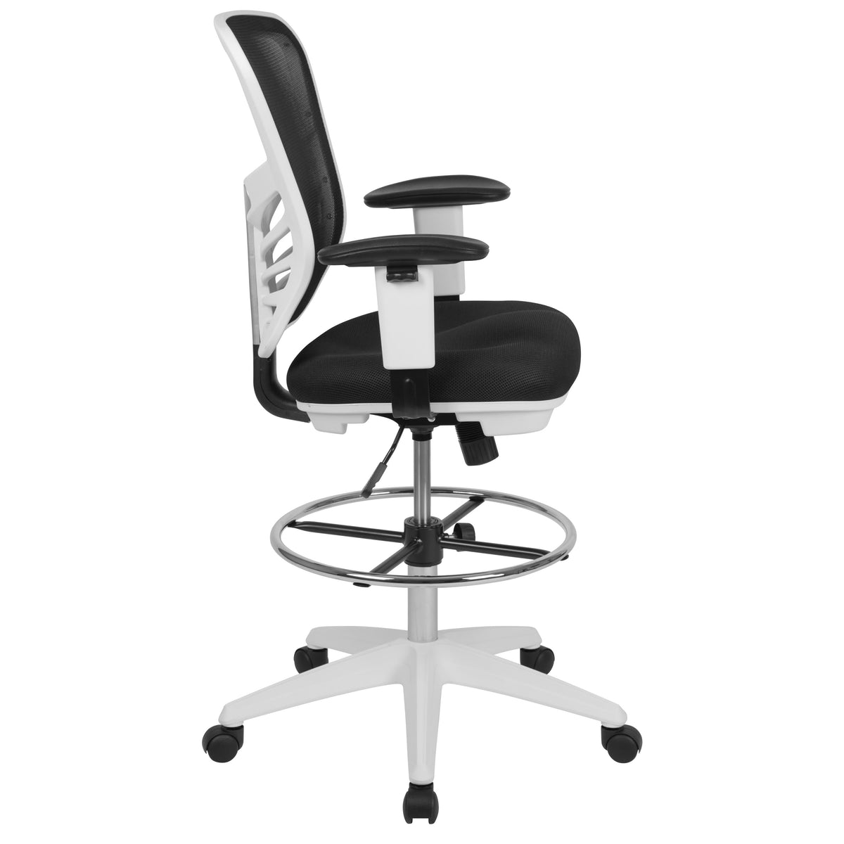 Black Mesh/White Frame |#| Mid-Back Black Mesh Ergonomic Drafting Chair/White Frame - Adjustable Foot Ring