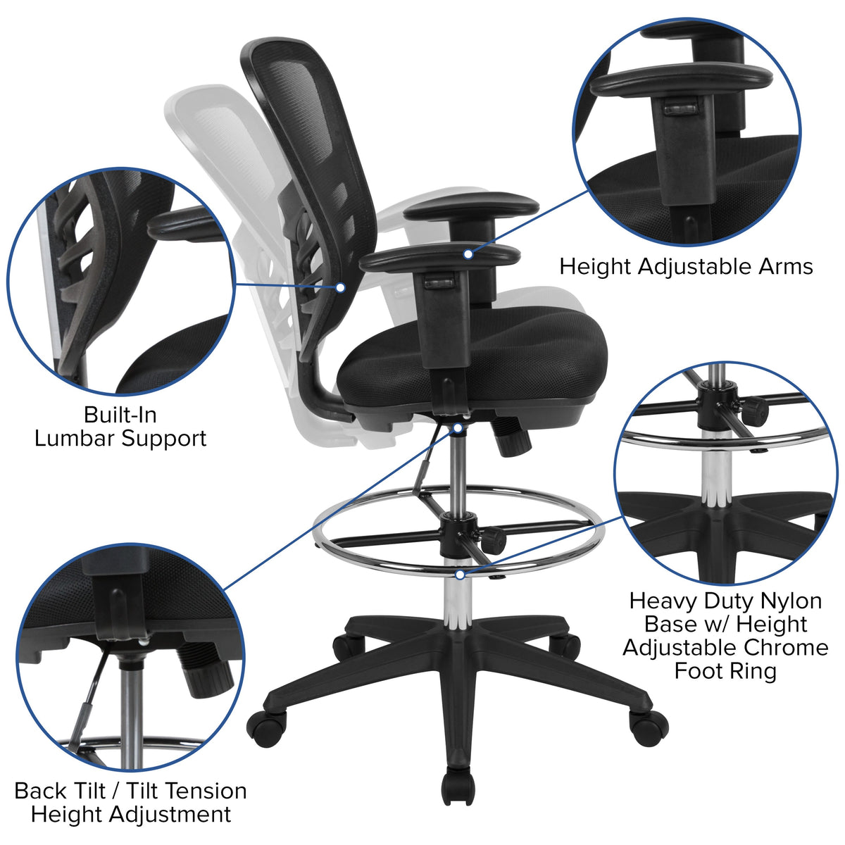 Black Mesh/Black Frame |#| Mid-Back Black Mesh Ergonomic Drafting Chair/Black Frame - Adjustable Foot Ring