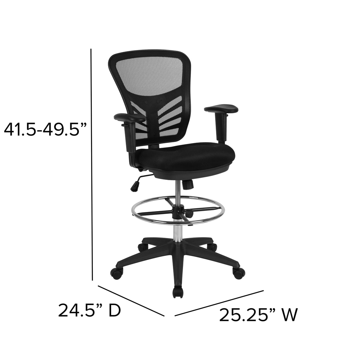 Black Mesh/Black Frame |#| Mid-Back Black Mesh Ergonomic Drafting Chair/Black Frame - Adjustable Foot Ring