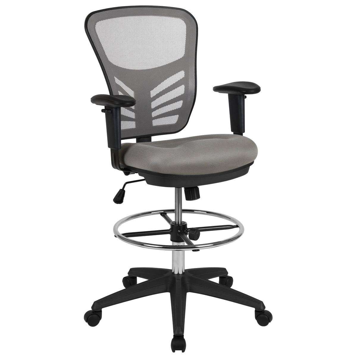 Light Gray Mesh/Black Frame |#| Mid-Back Gray Mesh Ergonomic Drafting Chair/Black Frame - Adjustable Foot Ring