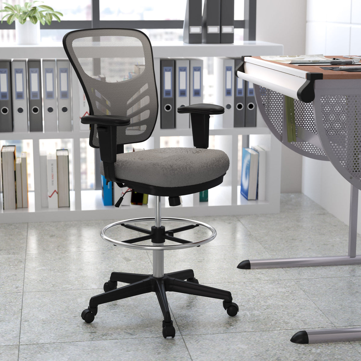 Light Gray Mesh/Black Frame |#| Mid-Back Gray Mesh Ergonomic Drafting Chair/Black Frame - Adjustable Foot Ring