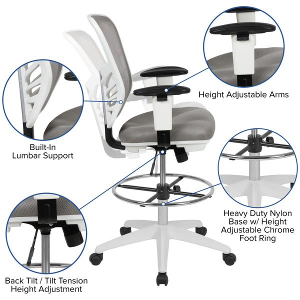 Light Gray Mesh/White Frame |#| Mid-Back Gray Mesh Ergonomic Drafting Chair/White Frame - Adjustable Foot Ring