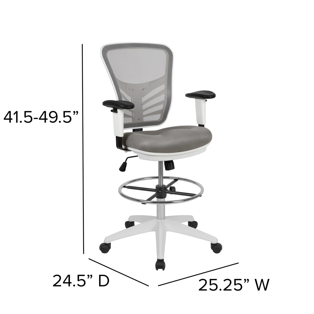 Light Gray Mesh/White Frame |#| Mid-Back Gray Mesh Ergonomic Drafting Chair/White Frame - Adjustable Foot Ring