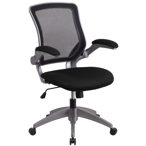 Black |#| Mid-Back Black Mesh Ergonomic Task Office Chair with Gray Frame and Flip-Up Arms