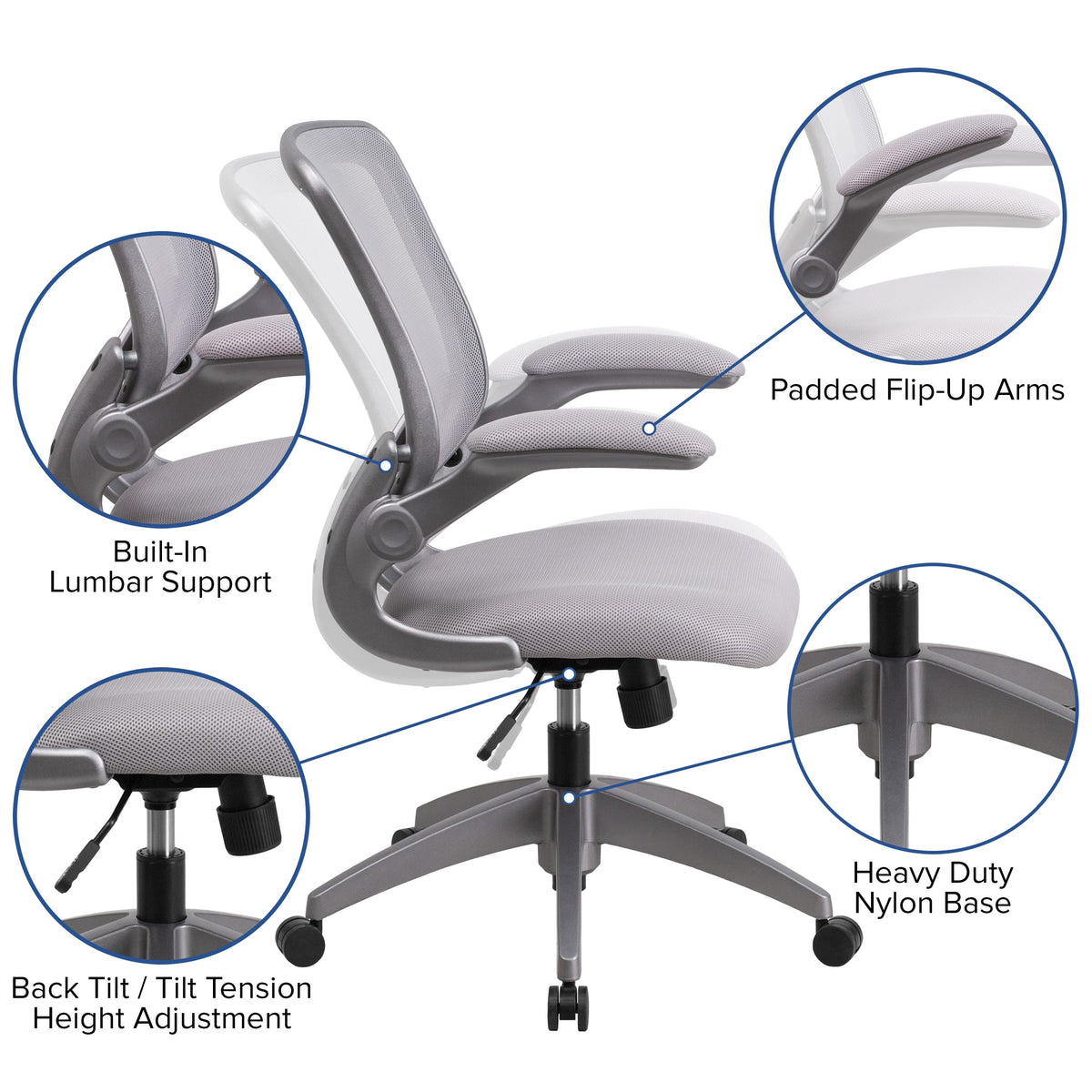 Gray |#| Mid-Back Gray Mesh Swivel Ergonomic Task Chair with Gray Frame and Flip-Up Arms