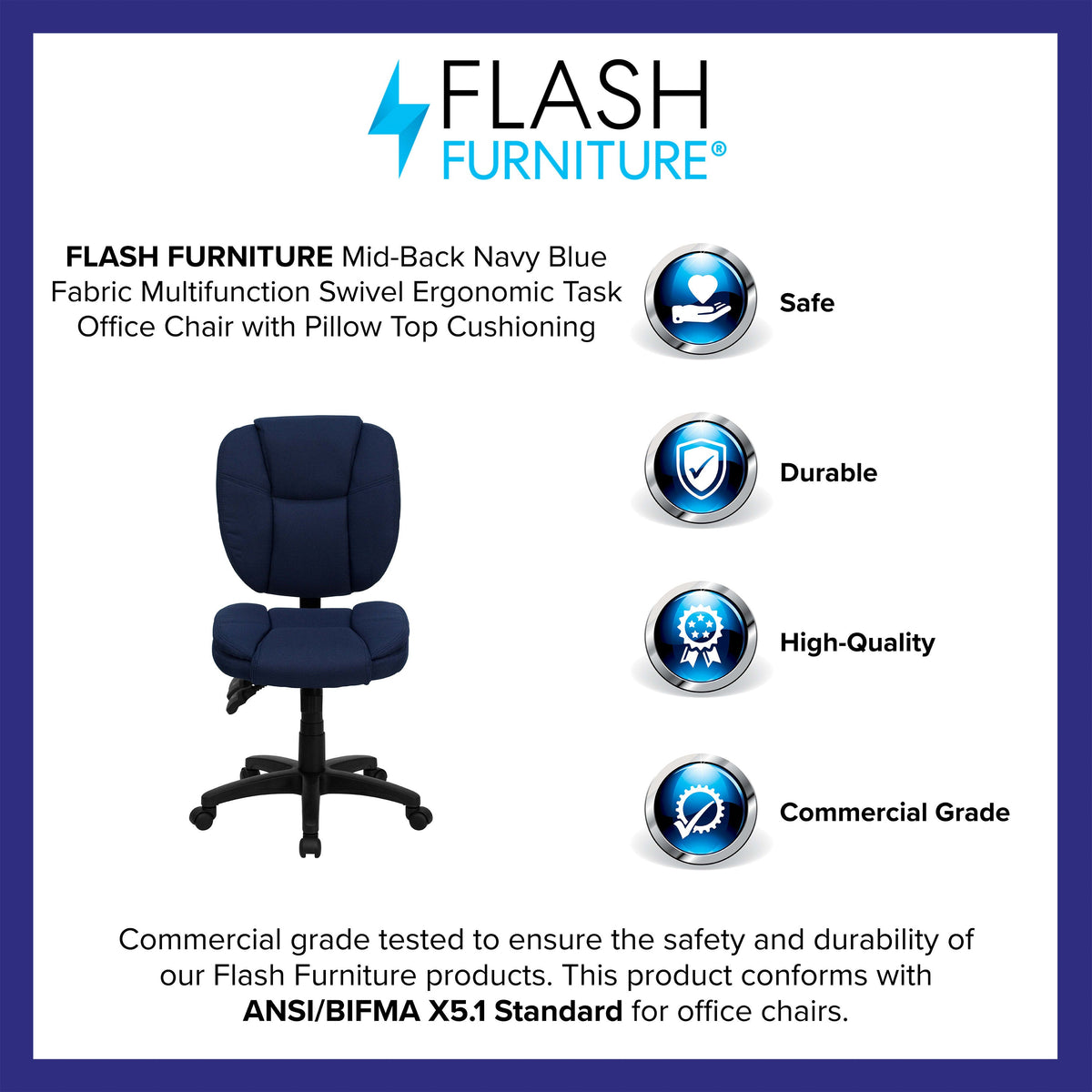 Navy Blue Fabric |#| Mid-Back Navy Blue Fabric Multifunction Office Chair with Pillow Top Cushioning