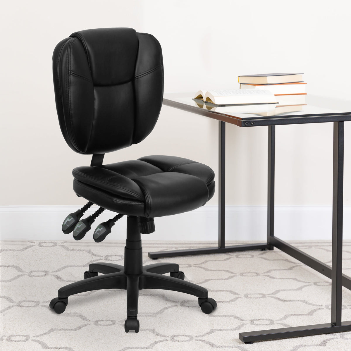 Black LeatherSoft |#| Mid-Back Black LeatherSoft Multifunction Office Chair with Pillow Top Cushioning