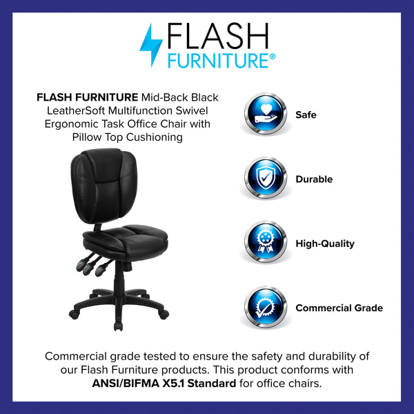 Black LeatherSoft |#| Mid-Back Black LeatherSoft Multifunction Office Chair with Pillow Top Cushioning