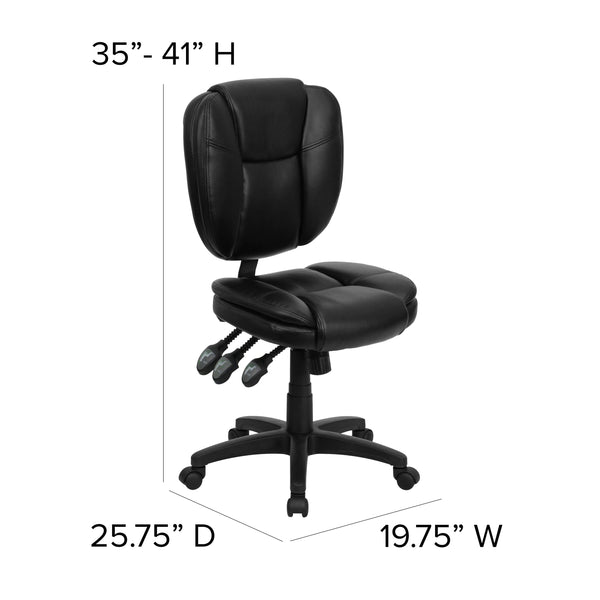 Black LeatherSoft |#| Mid-Back Black LeatherSoft Multifunction Office Chair with Pillow Top Cushioning