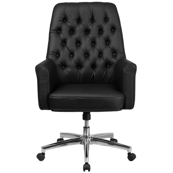 Black |#| Mid-Back Traditional Tufted Black LeatherSoft Executive Swivel Office Chair