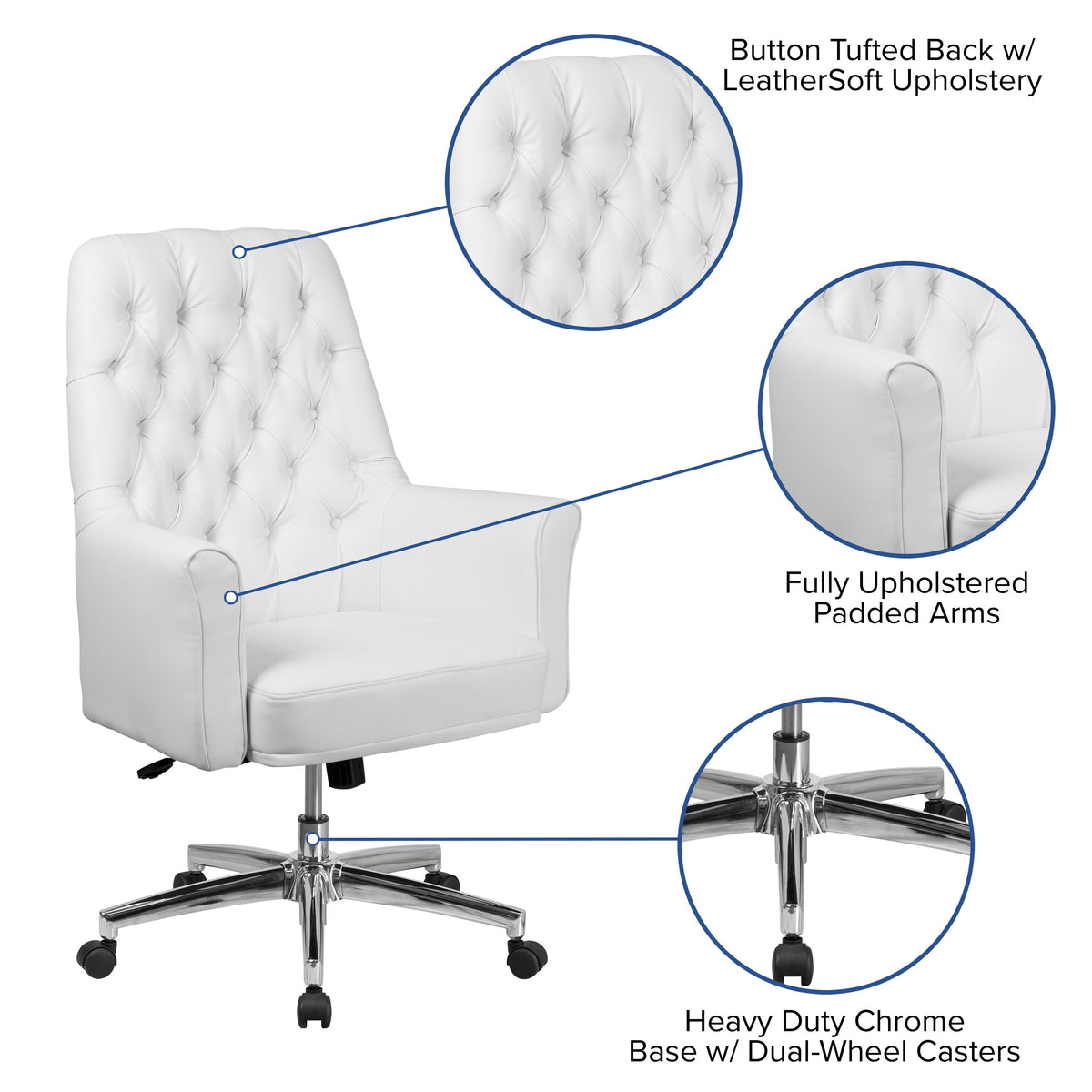 White |#| Mid-Back Traditional Tufted White LeatherSoft Executive Swivel Office Chair