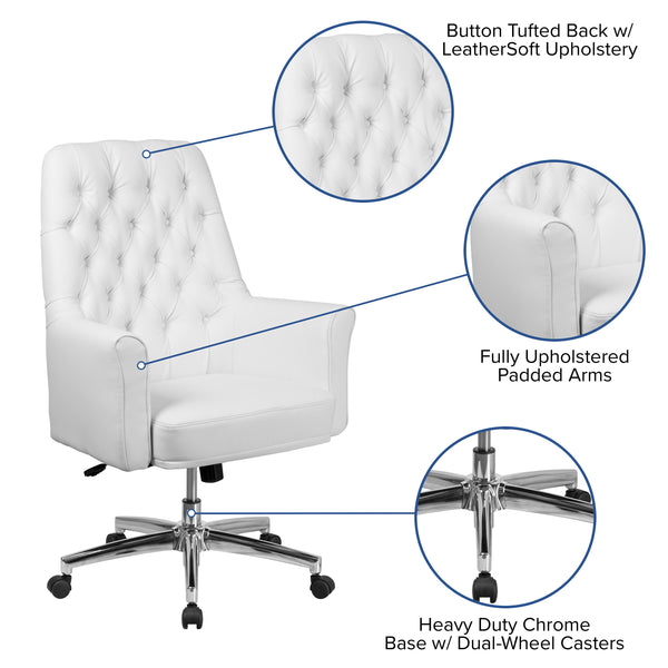 White |#| Mid-Back Traditional Tufted White LeatherSoft Executive Swivel Office Chair