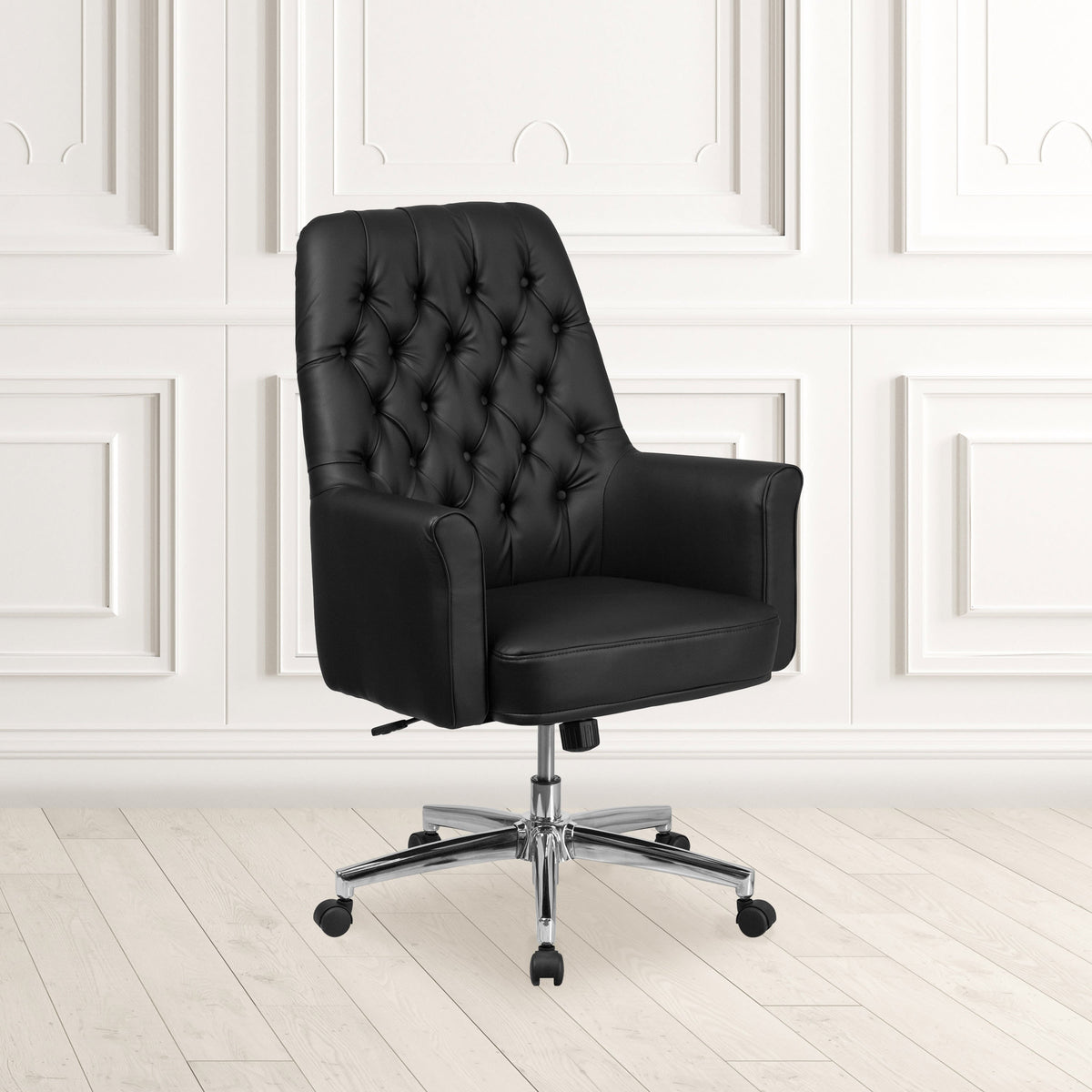 Black |#| Mid-Back Traditional Tufted Black LeatherSoft Executive Swivel Office Chair