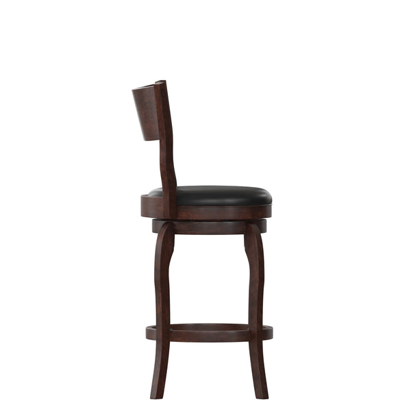 Black Vinyl/Espresso Frame |#| Commercial Espresso & Black LeatherSoft Wooden Swivel Counter Stools