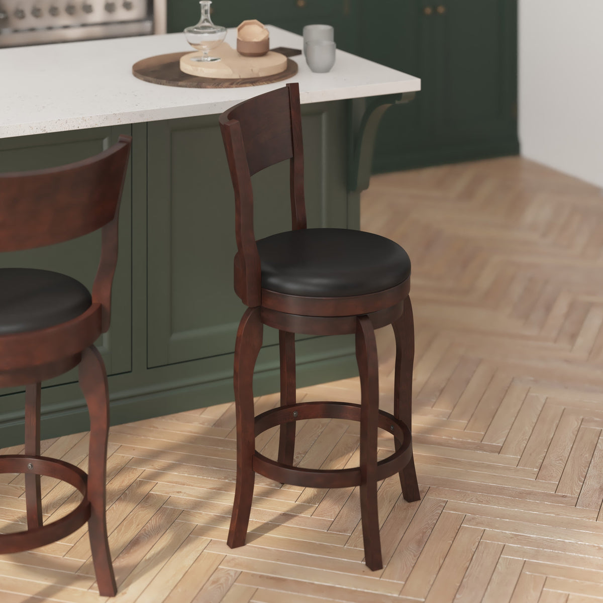 Black Vinyl/Espresso Frame |#| Commercial Espresso & Black LeatherSoft Wooden Swivel Counter Stools