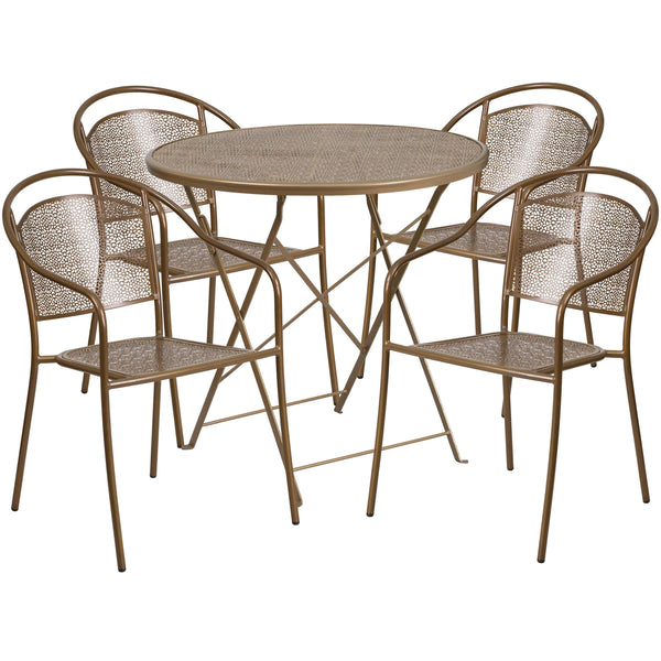 Gold |#| 30inch Round Gold Indoor-Outdoor Steel Folding Patio Table Set with 4 Chairs