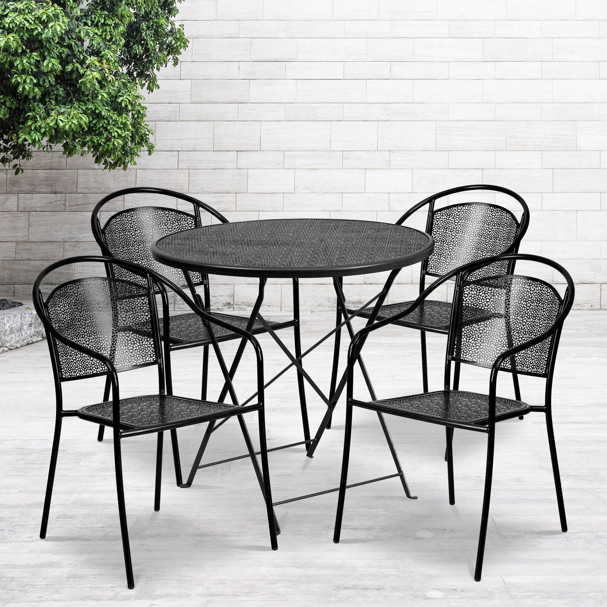 Black |#| 30inch Round Black Indoor-Outdoor Steel Folding Patio Table Set with 4 Chairs