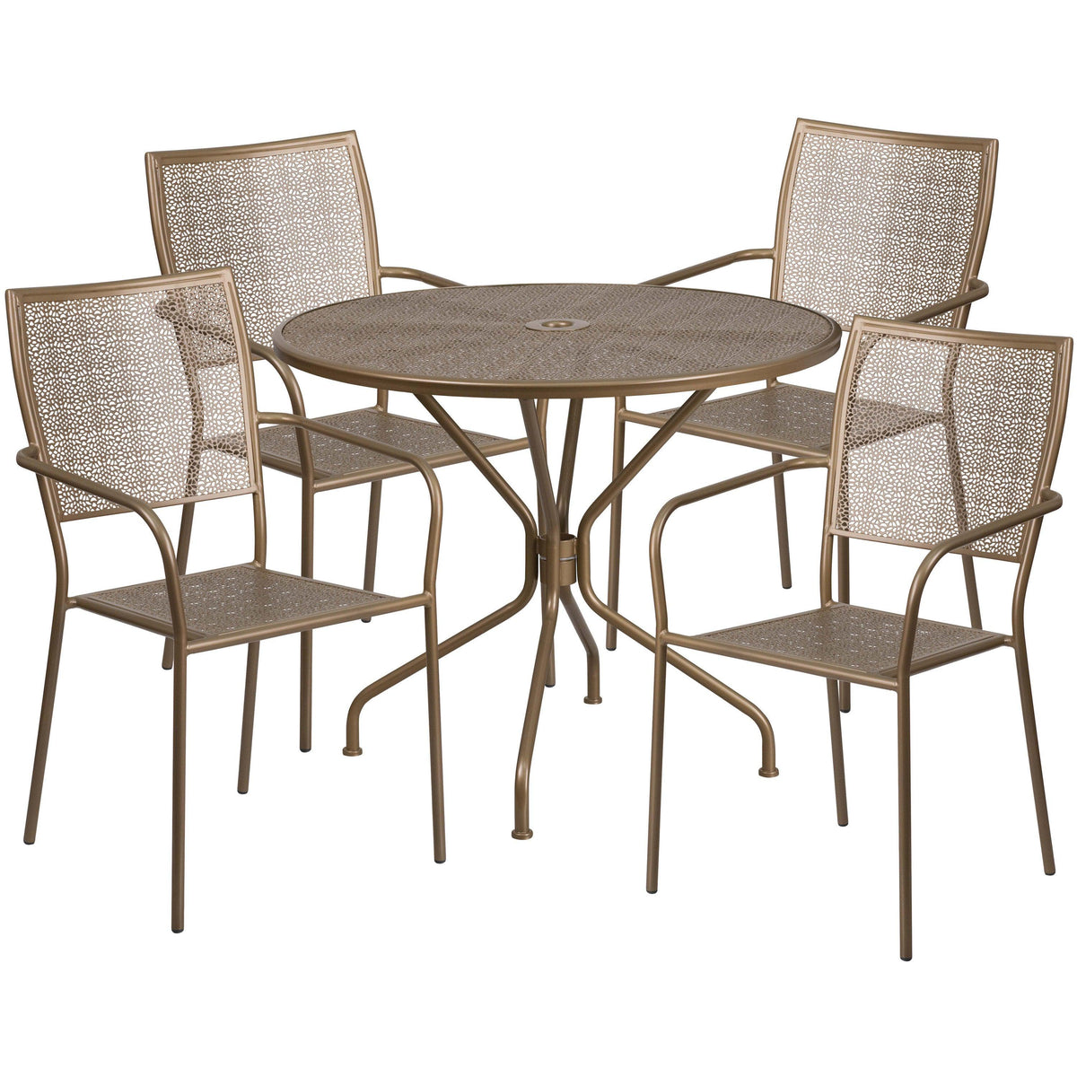 Gold |#| 35.25inch Round Gold Indoor-Outdoor Steel Patio Table Set w/ 4 Square Back Chairs