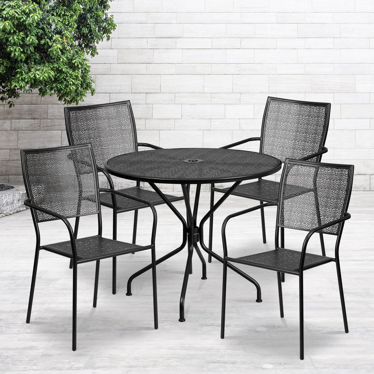 Black |#| 35.25inch Round Black Indoor-Outdoor Steel Patio Table Set w/ 4 Square Back Chairs