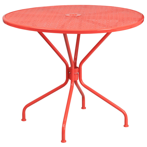 Coral |#| 35.25inch Round Coral Indoor-Outdoor Steel Patio Table Set w/ 4 Square Back Chairs