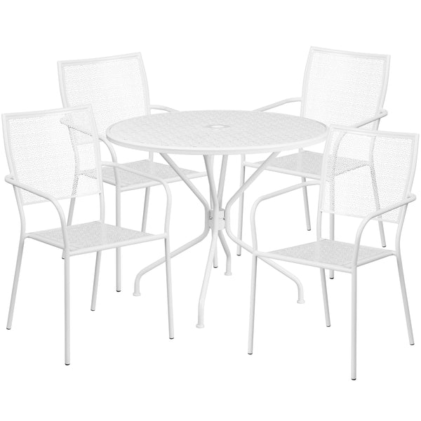 White |#| 35.25inch Round White Indoor-Outdoor Steel Patio Table Set w/ 4 Square Back Chairs