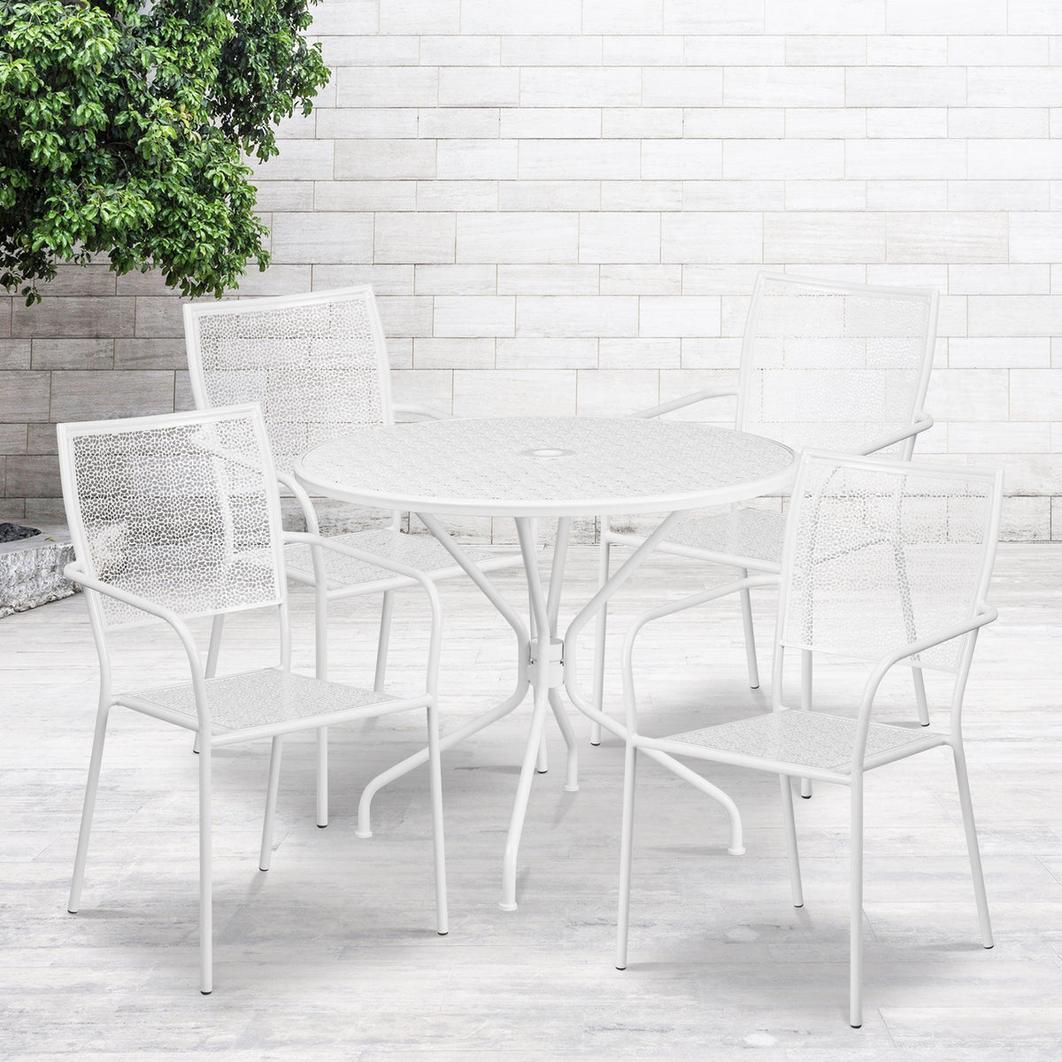 White |#| 35.25inch Round White Indoor-Outdoor Steel Patio Table Set w/ 4 Square Back Chairs