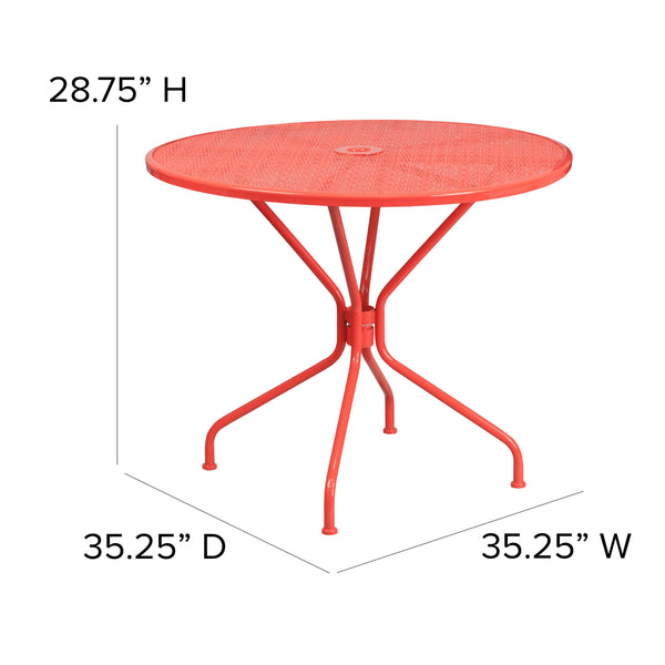 Coral |#| 35.25inch Round Coral Indoor-Outdoor Steel Patio Table-Umbrella Hole-Restaurant