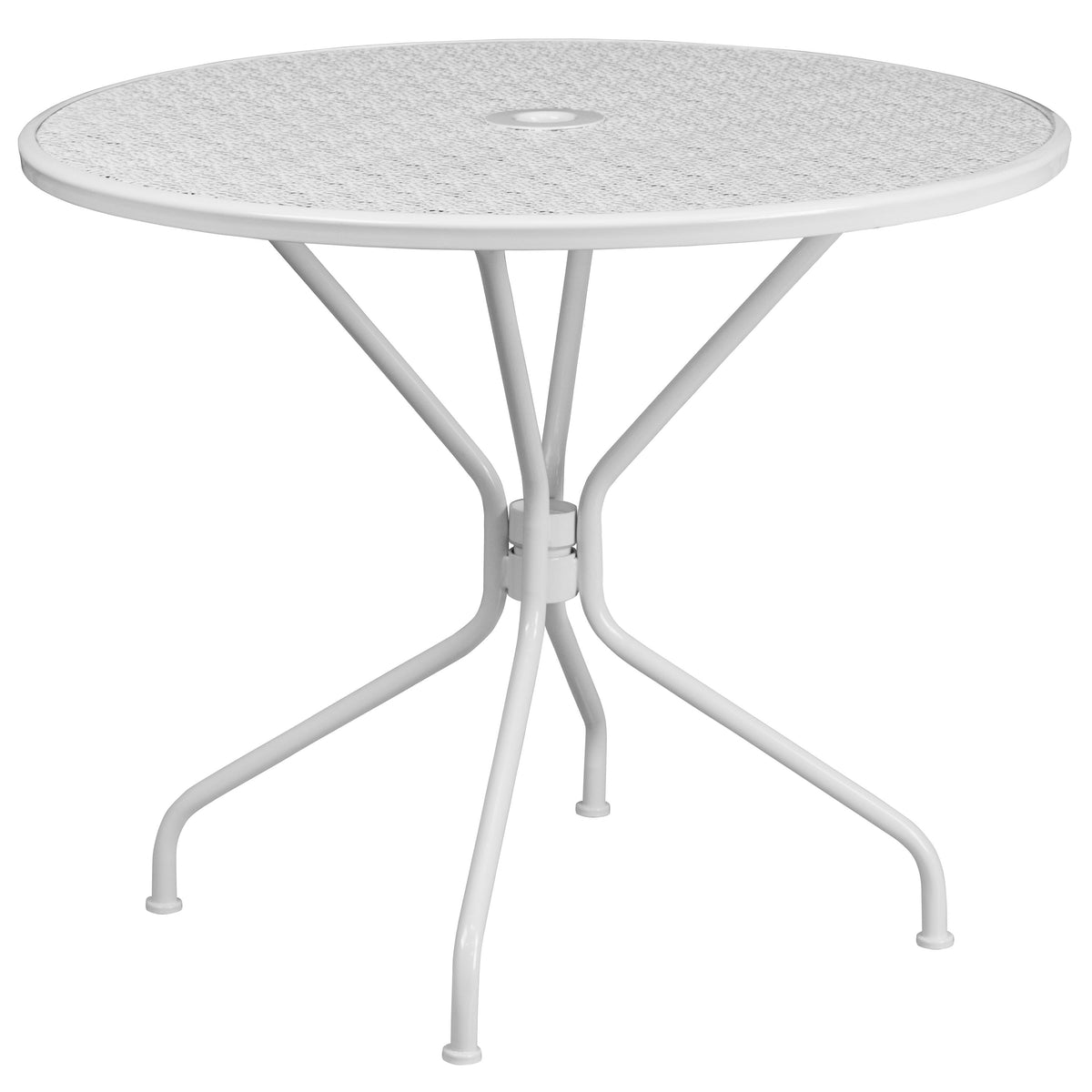 White |#| 35.25inch Round White Indoor-Outdoor Steel Patio Table-Umbrella Hole-Restaurant