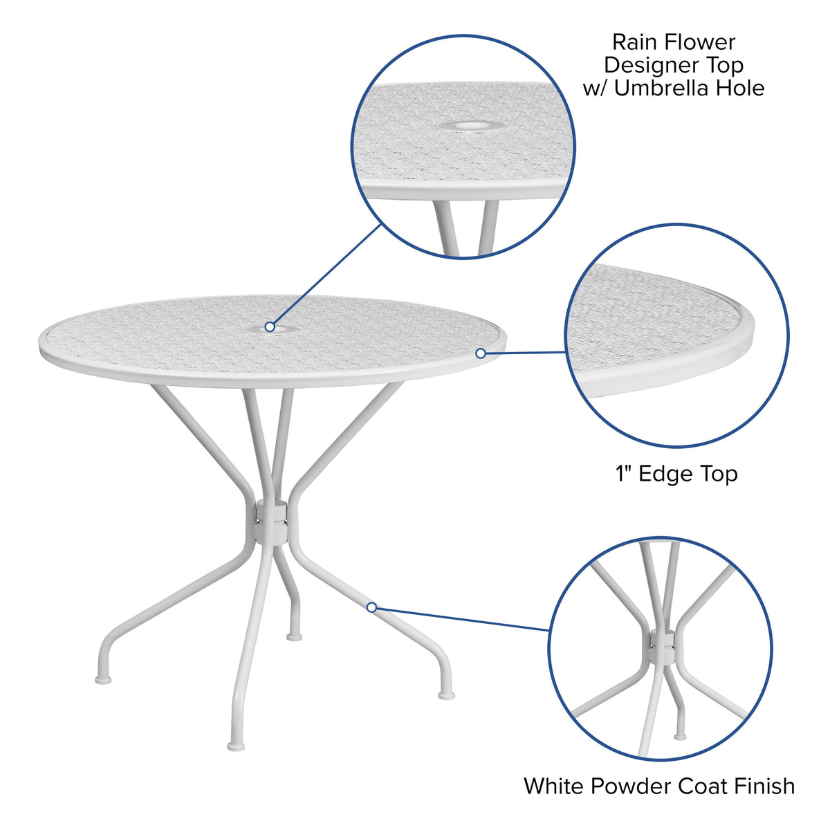 White |#| 35.25inch Round White Indoor-Outdoor Steel Patio Table-Umbrella Hole-Restaurant