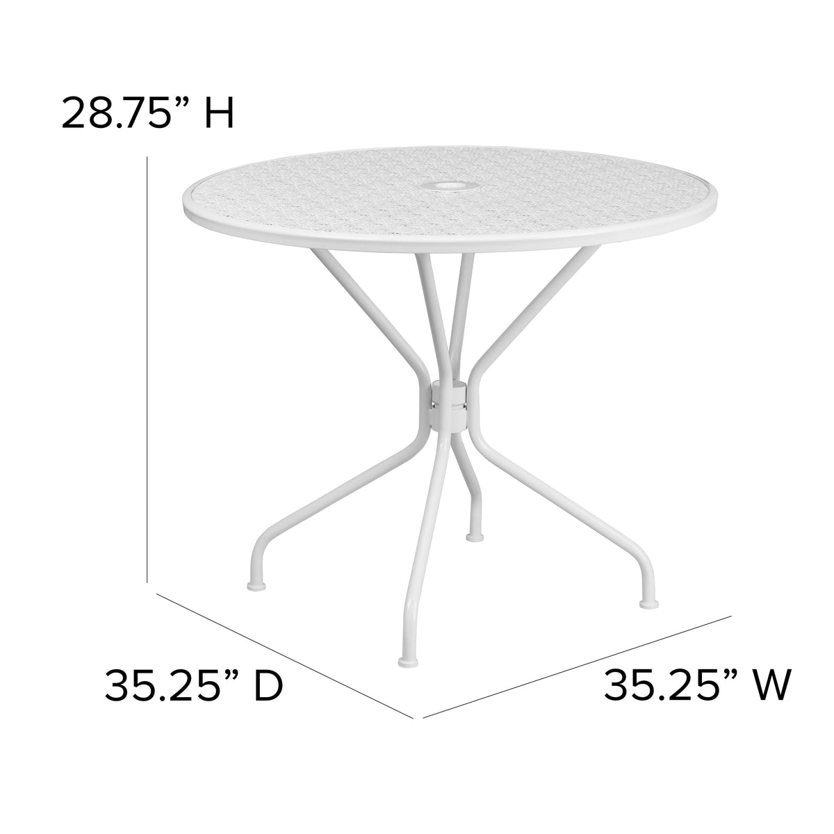 White |#| 35.25inch Round White Indoor-Outdoor Steel Patio Table-Umbrella Hole-Restaurant