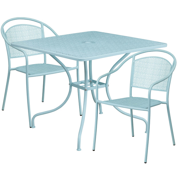 Sky Blue |#| 35.5inch SQ Sky Blue Indoor-Outdoor Steel Patio Table Set w/ 2 Round Back Chairs